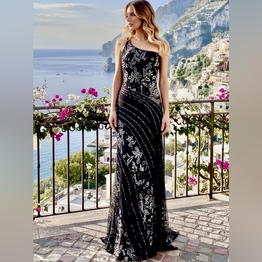 Elegant Black intricately hand‎ beaded One-Shoulder Dress